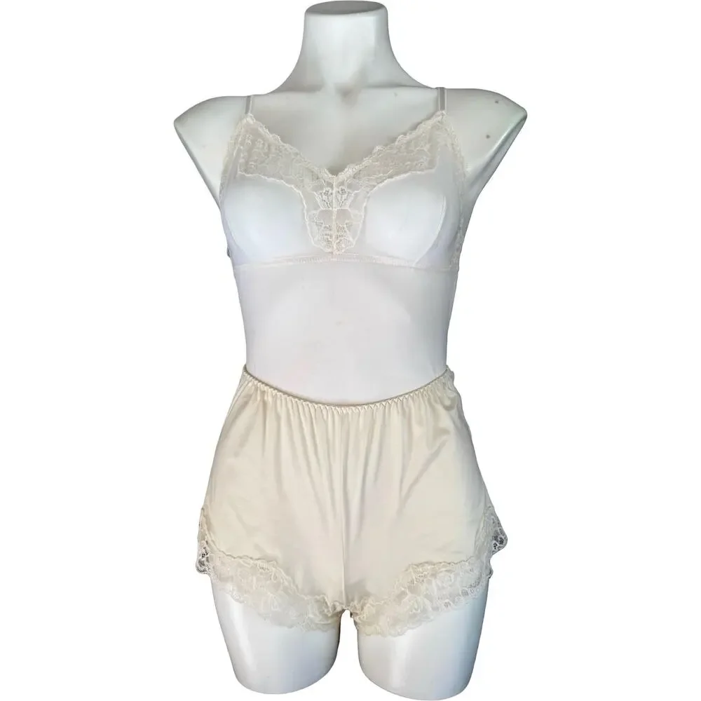 Vintage Maidenform Ivory Lace Teddy Tap Pant Set Nylon 1990 Lingerie Large